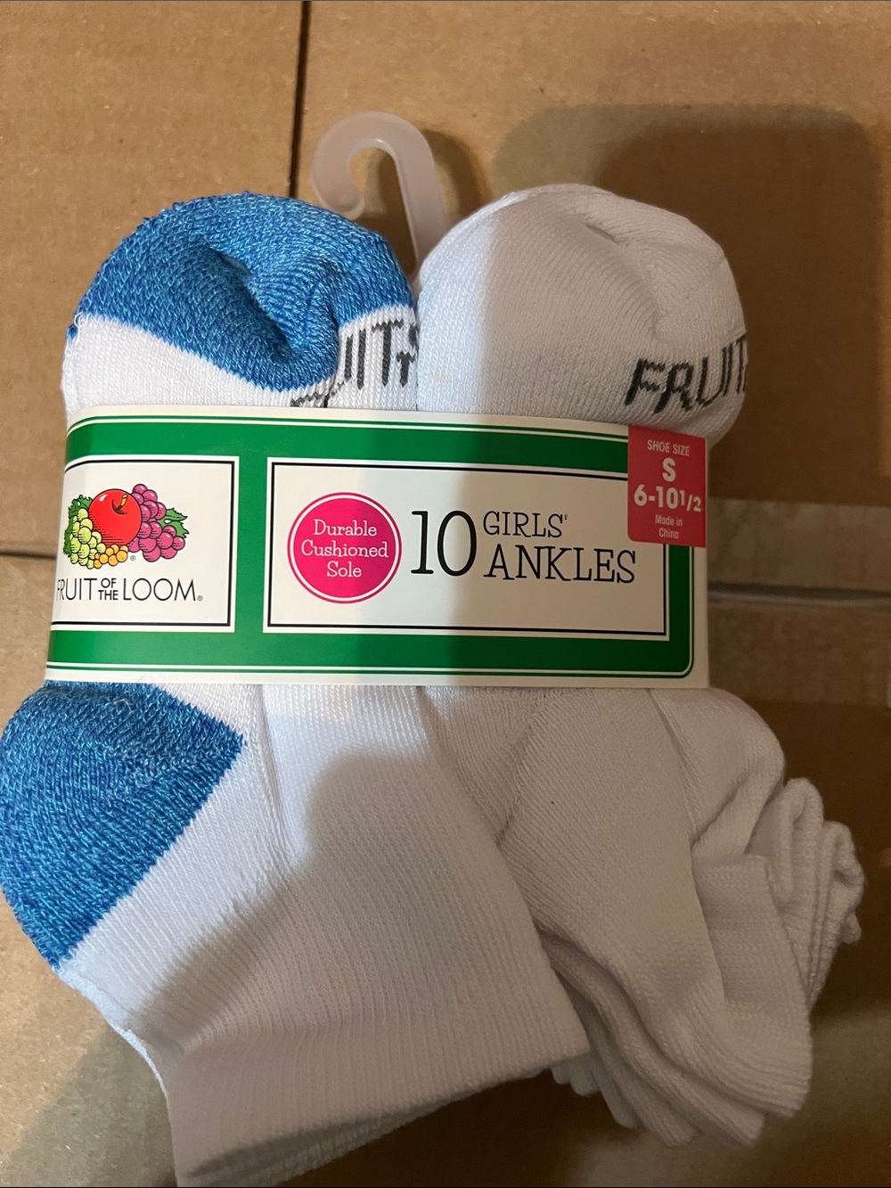 Fruit of the Loom White Ankle Socks with Blue Heel & Toe - Girls 10 Pack